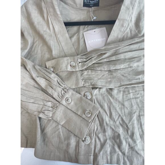 NEW Kittenish Beige Linen Blend Spring Long Sleeve Crop Shirt Size Medium - Picture 7 of 8